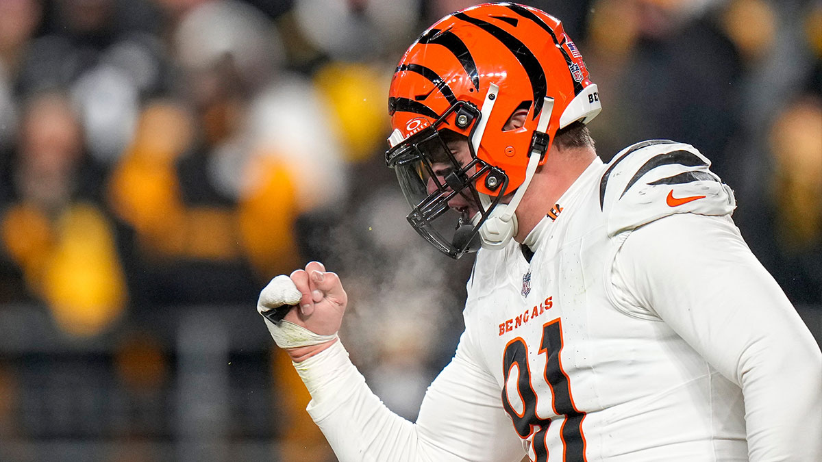 Cincinnati Bengals defensive end Trey Hendrickson (91) celebrates as the Steelers prepare to punt in the fourth quarter of the NFL Week 18 game between the Pittsburgh Steelers and the Cincinnati Bengals at Acrisure Stadium in Pittsburgh on Saturday, Jan. 4, 2025. The Bengals won 19-17 to finish the regular season at 9-8.