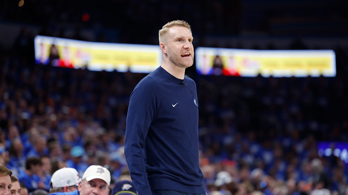 Apr 22, 2025; Oklahoma City, Oklahoma, USA; Memphis Grizzlies head coach Tuomas Iisalo watches his team play against the Oklahoma City Thunder in the third quarter during game two of first round for the 2024 NBA Playoffs at Paycom Center. Mandatory Credit: Alonzo Adams-Imagn Images