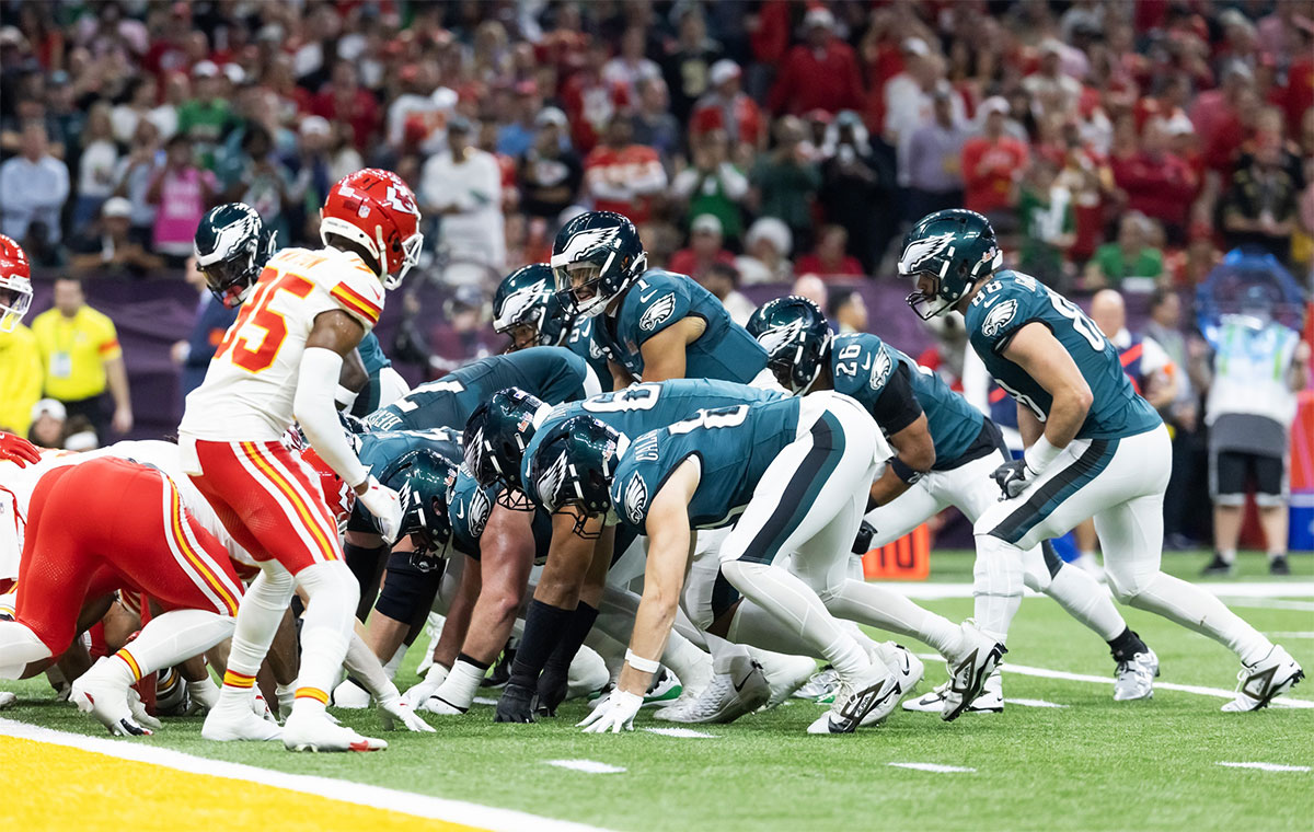 Philadelphia Eagles quarterback Jalen Hurts (1) lines up for the tush push play on the goal line against the Kansas City Chiefs during Super Bowl LIX at Ceasars Superdome.