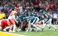 Philadelphia Eagles quarterback Jalen Hurts (1) lines up for the tush push play on the goal line against the Kansas City Chiefs during Super Bowl LIX at Ceasars Superdome.
