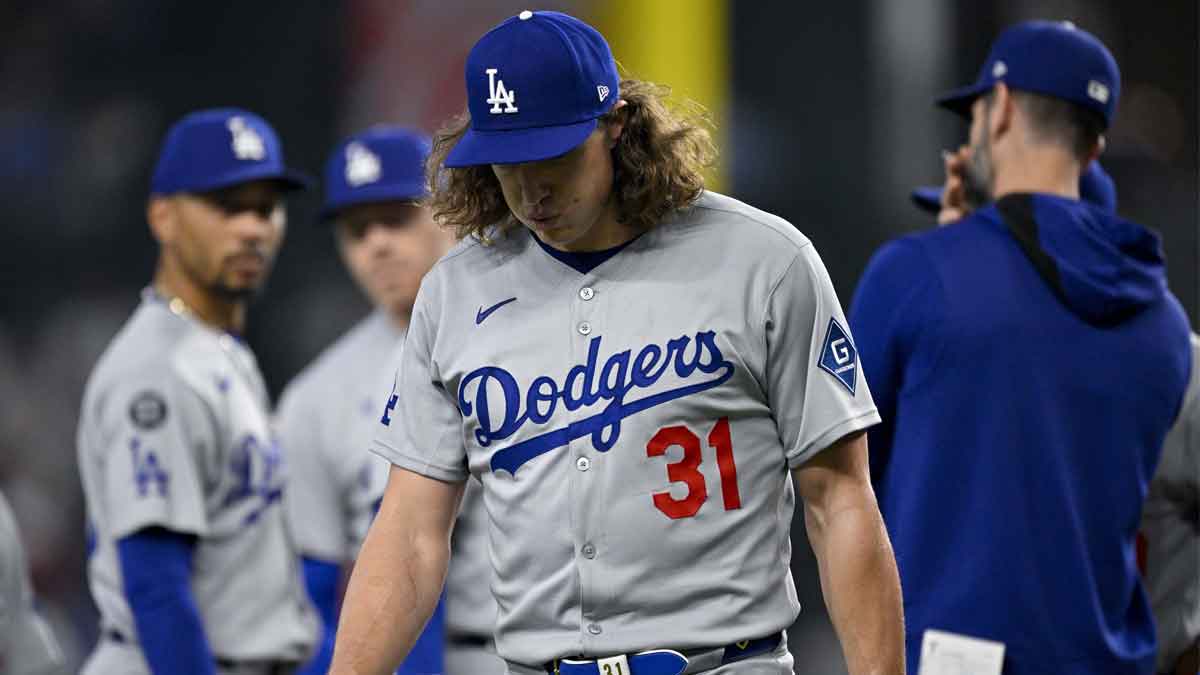 Los Angeles Dodgers starting pitcher Tyler Glasnow (31) leaves the game against the Texas Rangers during the fifth inning at Globe Life Field.