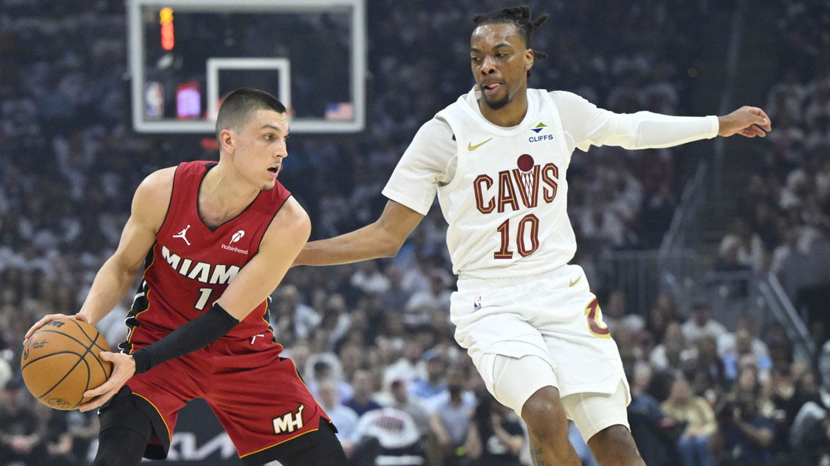 Cleveland Cavaliers guard Darius Garland (10) defends Miami Heat guard Tyler Herro (14) in the first quarter at Rocket Arena.