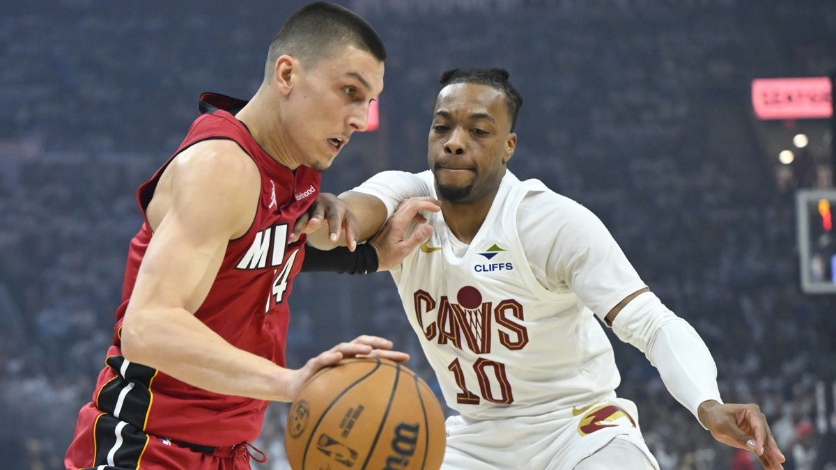 Cleveland Cavaliers guard Darius Garland (10) defends Miami Heat guard Tyler Herro (14) in the first quarter at Rocket Arena.