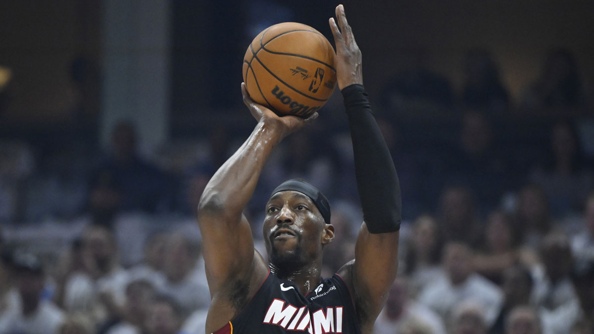 Miami Heat center Bam Adebayo (13) shoots in the first quarter of game two of the first round of the 2025 NBA Playoffs against the Cleveland Cavaliers at Rocket Arena.