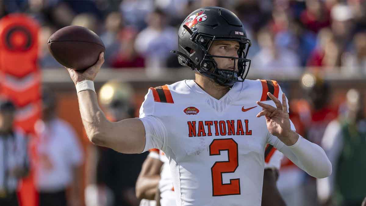 National team quarterback Tyler Shough of Louisville (2) throws the ball during the first half of the 2025 Senior Bowl football game against the American team at Hancock Whitney Stadium. Mandatory Credit: Vasha Hunt-Imagn Images