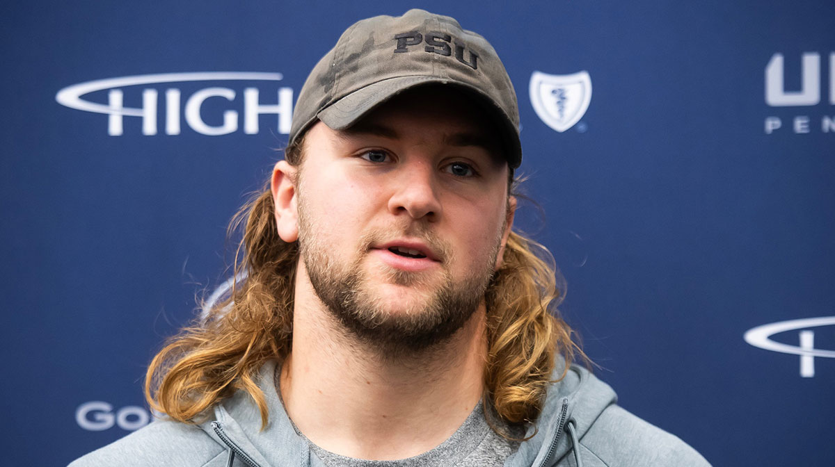 Indianapolis Colts tight end Tyler Warren talks to members of the media during Penn State's NFL Draft Pro Day in Holuba Hall on March 28, 2025, in State College.