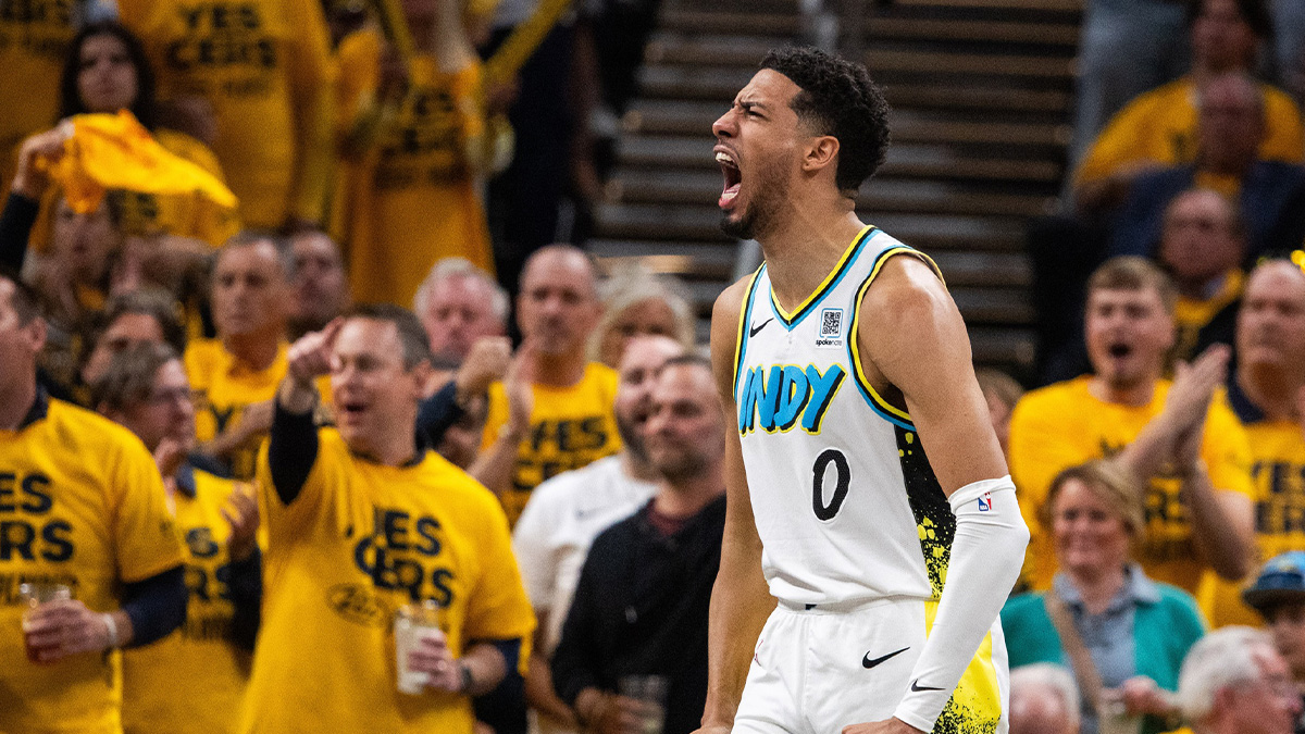 Indiana Pacers guard Tyrese Haliburton (0) reacts during a time out during game five of the first round for the 2024 NBA Playoffs against the Milwaukee Bucks at Gainbridge Fieldhouse.