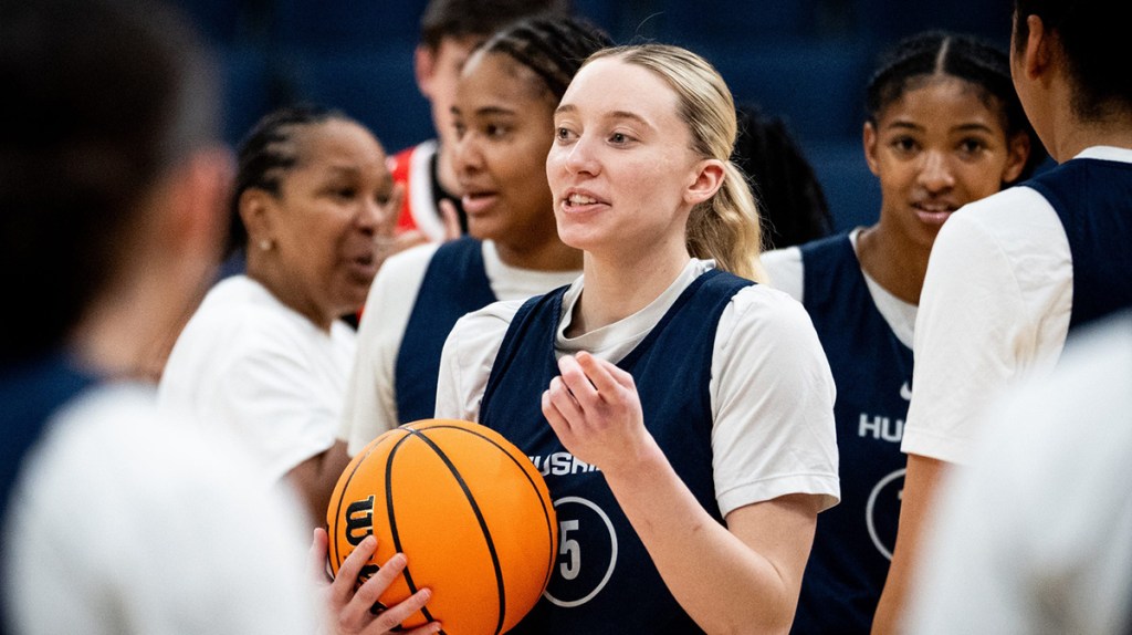 Connecticut Huskies guard Paige Bueckers (5) practices at Amalie Arena in Tampa, Florida, Thursday, April 3, 2025 ahead of their Final Four match-up against the UCLA Bruins on Friday.