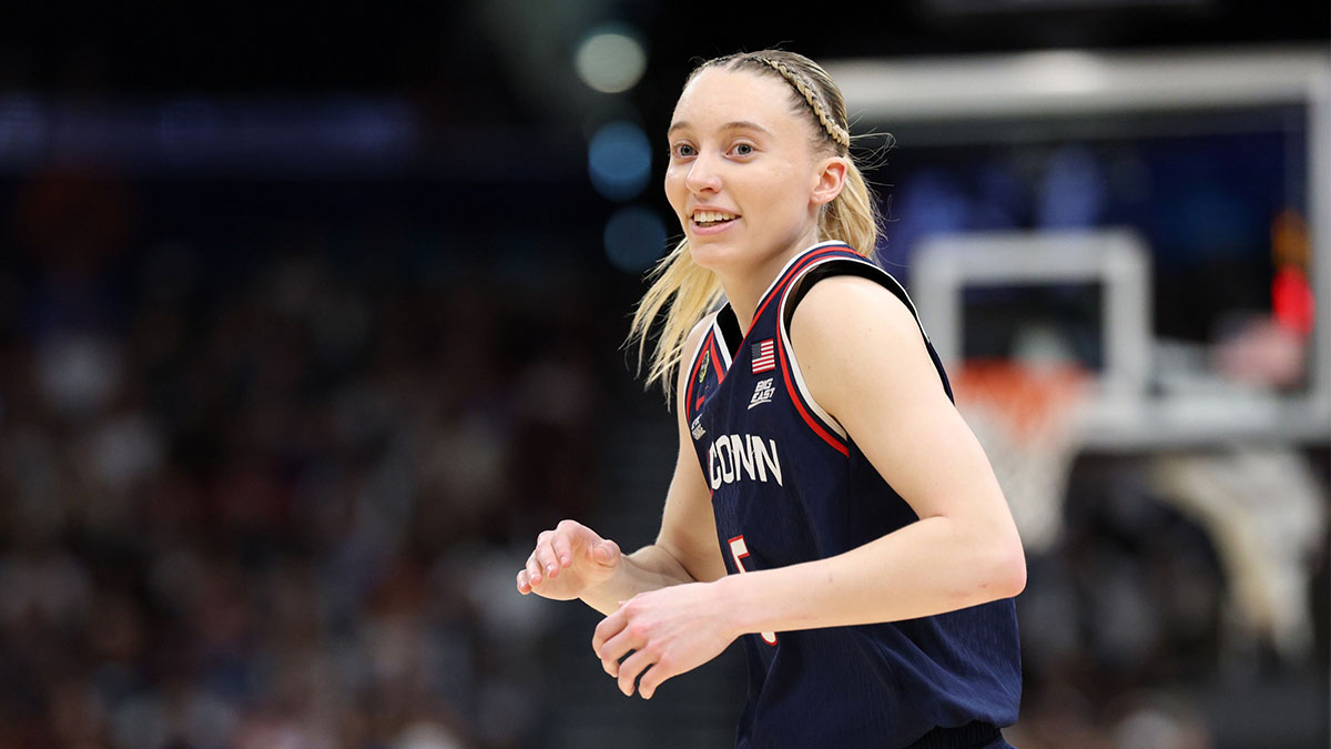 Connecticut Huskies guard and future 2025 WNBA Draft pick Paige Bueckers (5) reacts during the first half against the South Carolina Gamecocks of the national championship of the women's 2025 NCAA tournament at Amalie Arena.