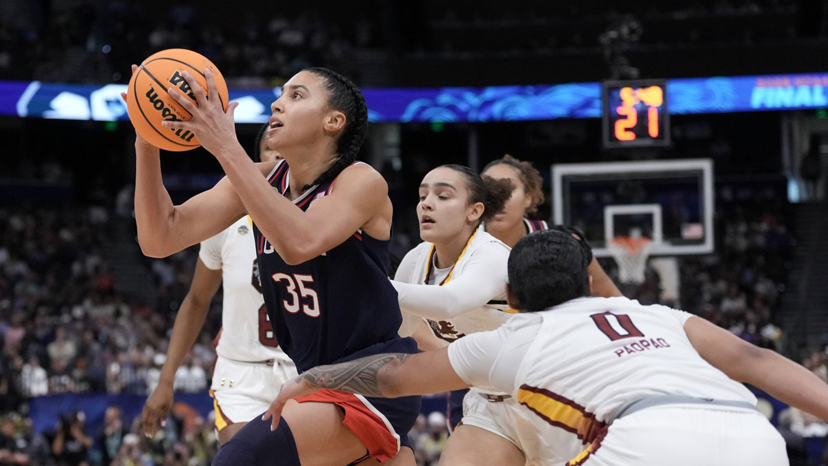 Connecticut Huskies guard Azzi Fudd (35) drives to the basket against the South Carolina Gamecocks during the second half of the national championship of the women's 2025 NCAA tournament.