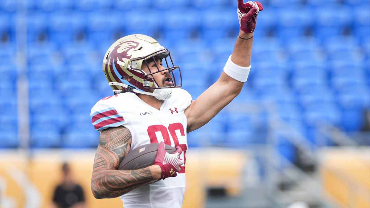 Panthers’ Samson Nacua (86) celebrates as he scores a touchdown during the UFL game between the Memphis Showboats and Michigan Panthers at Simmons Bank Liberty Stadium.