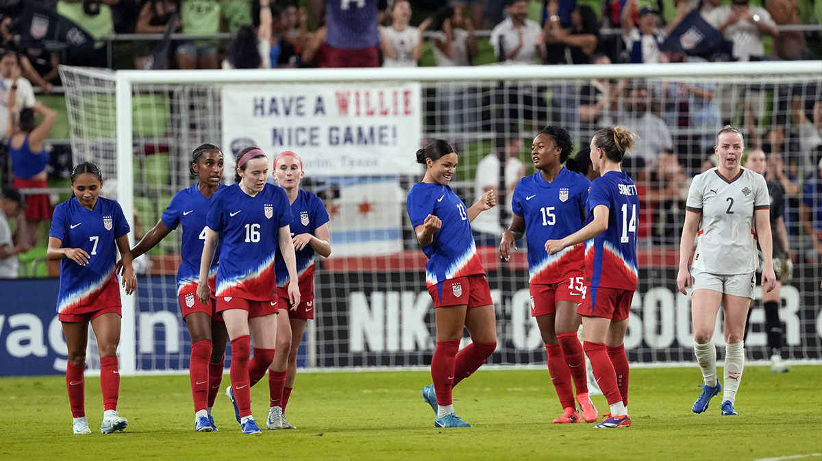 WPSL Pro/US Women's National Team forward Sophia Smith (11) celebrates with teammates afters scoring a goal in the second half against Iceland at Q2 Stadium.