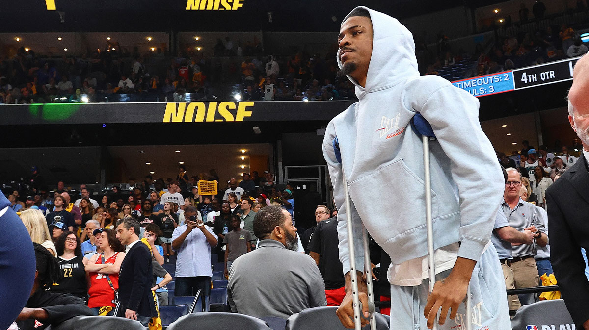 Memphis Grizzlies guard Ja Morant (12) looks on during a time out during the fourth quarter against the Oklahoma City Thunder during game four for the first round of the 2024 NBA Playoffs