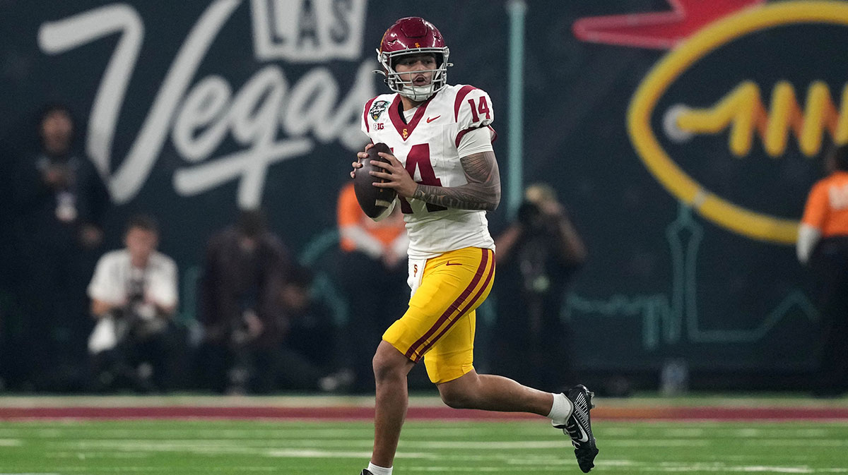 Southern California Trojans quarterback Jayden Maiava (14) throws the ball against the Texas A&M Aggies in the first half at Allegiant Stadium.
