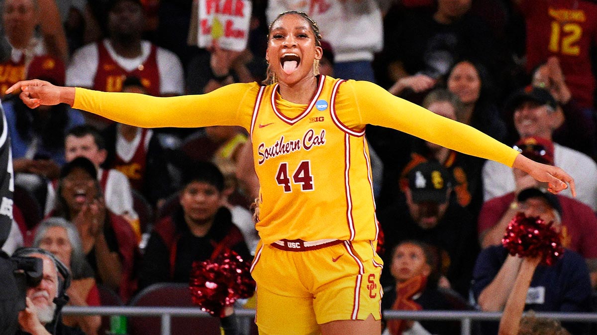 USC Trojans forward Kiki Iriafen (44) celebrates scoring in the third quarter against the Mississippi State Bulldogs during an NCAA Tournament second round game at Galen Center.