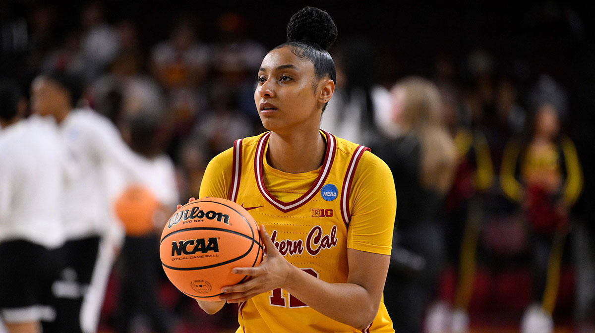 USC Trojans guard JuJu Watkins (12) during pregame warmups before an NCAA Tournament second round game against the Mississippi State Bulldogs at Galen Center.