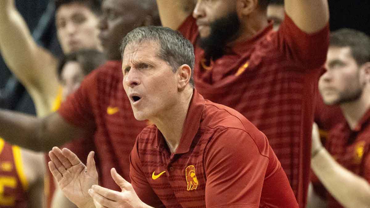 USC coach Eric Musselman cheers his team during the first half against Oregon at Matthew Knight Arena Saturday, March 1, 20