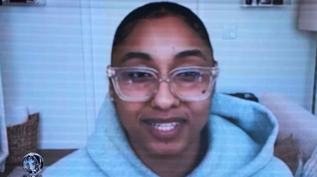 Southern California Trojans guard JuJu Watkins speaks via video after her selection as AP Player of the Year during press conference.