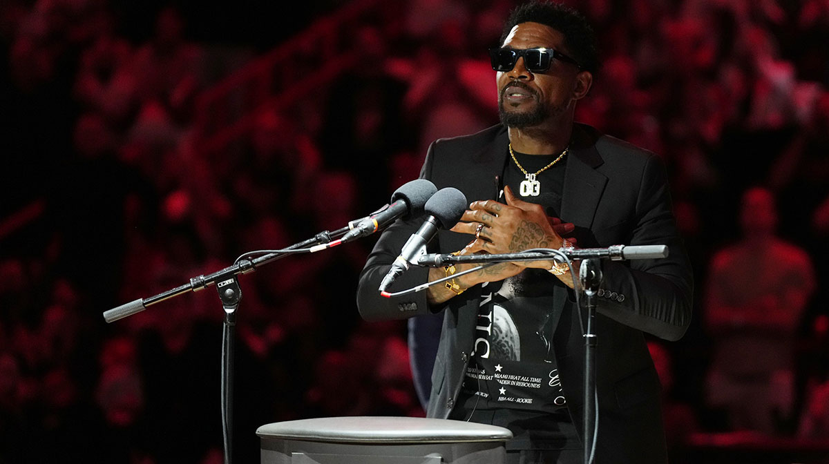 Udonis Haslem speaks after his jersey was lifted to the rafters during the retirement ceremony during halftime of the game between the Miami Heat and the Atlanta Hawks Kaseya Center.