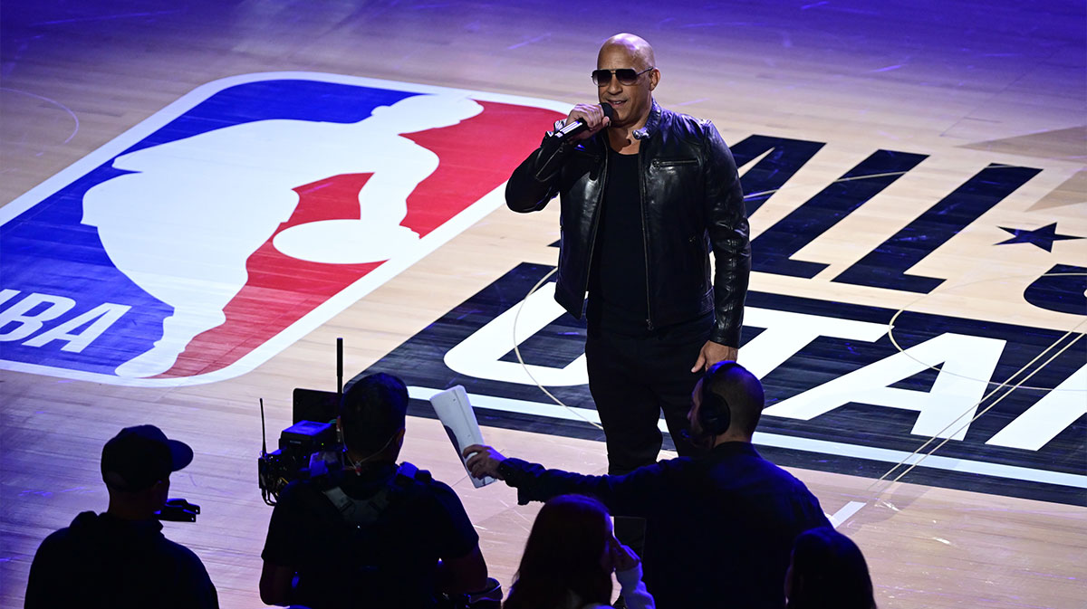 Fast & Furious 11 star Vin Diesel, who asked Universal to give the movie a release date on Instagram, at the NBA All-Star Game on February 19, 2023.