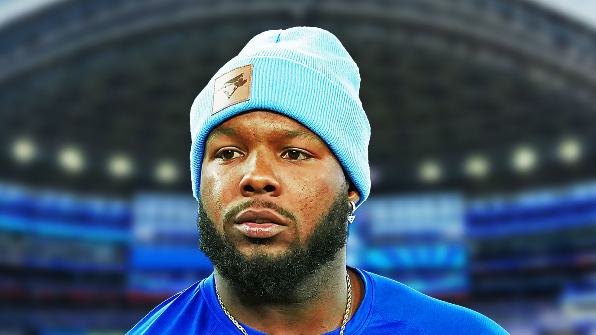 Toronto Blue Jays first baseman Vladimir Guerrero Jr. (27) walks towards first base during batting practice before a game against the Baltimore Orioles at Rogers Centre.