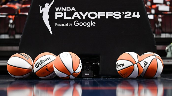 General view of basketballs before game one of the first round of the 2024 WNBA Playoffs at Mohegan Sun Arena.