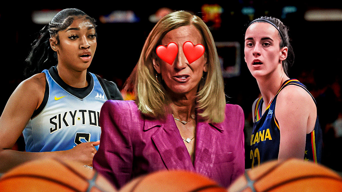 WNBA commissioner Cathy Englebert with hearts over her eyes, and Caitlin Clark and Angel Reese standing next to her.