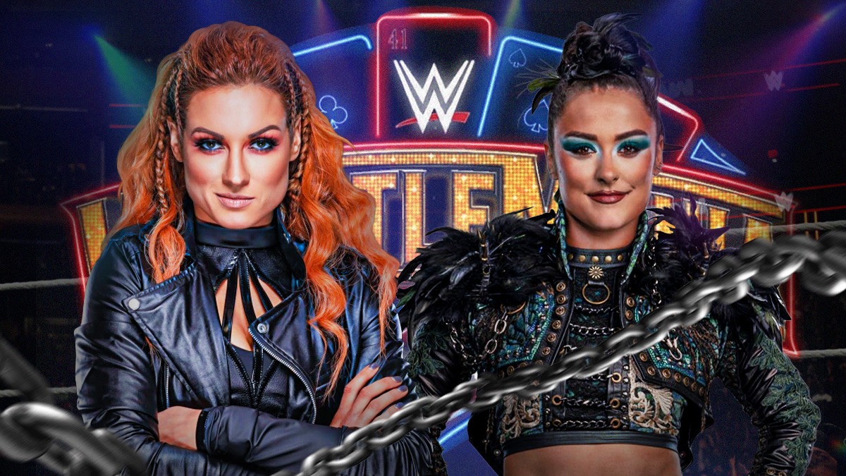 Becky Lynch next to Lyra Valkyria in front of the WrestleMania 41 logo