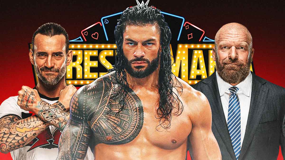 CM Punk, Roman Reigns, and Triple H in front of the WrestleMania 41 logo