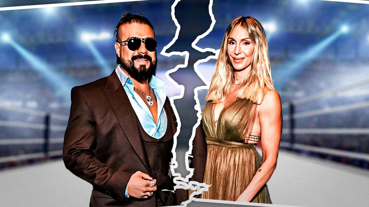 WWE Superstars Andrade and Charlotte Flair, who filed for divorce from her husband in 2024, with page torn effect in between them.