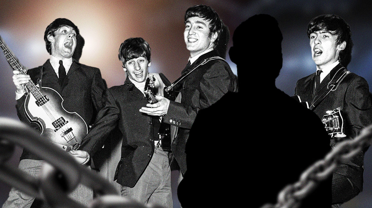 WWE Superstar CM Punk as a silhouette with the Beatles members Paul McCartney, Ringo Starr, John Lennon, and George Harrison around him.
