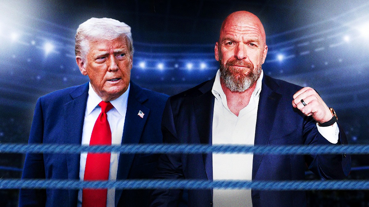 Triple H next to Donald Trump in a WWE ring.