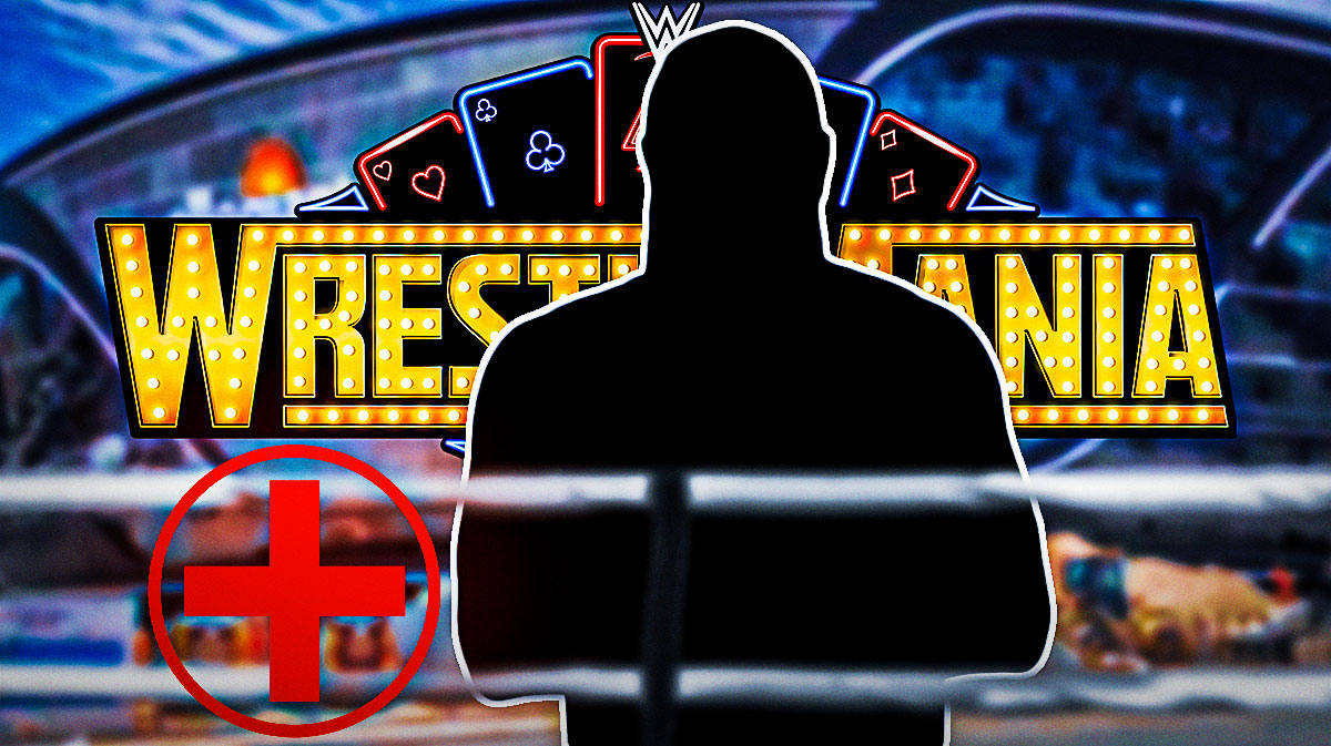 Silhouette of WWE star Kevin Owens, who may miss his WrestleMania 41 match against Randy Orton due to an injury, with Allegiant Stadium background.