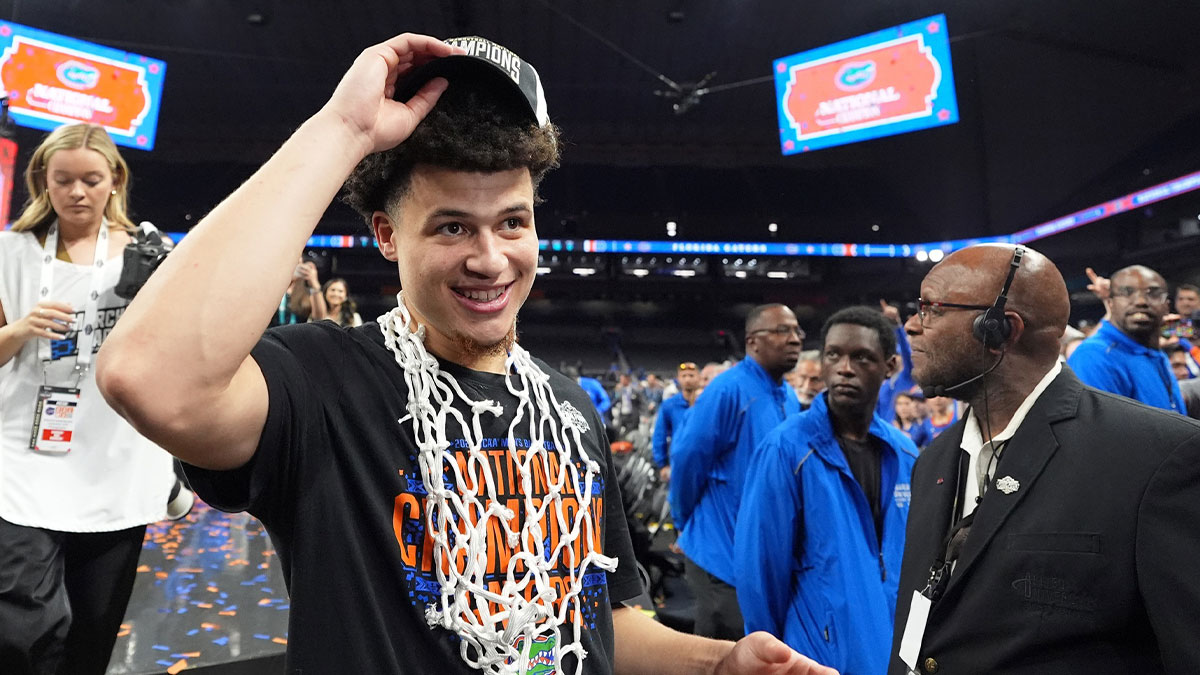 Florida Gators guard Walter Clayton Jr. (1) celebrates after winning the national championship game of the Final Four of the 2025 NCAA Tournament at the Alamodome.