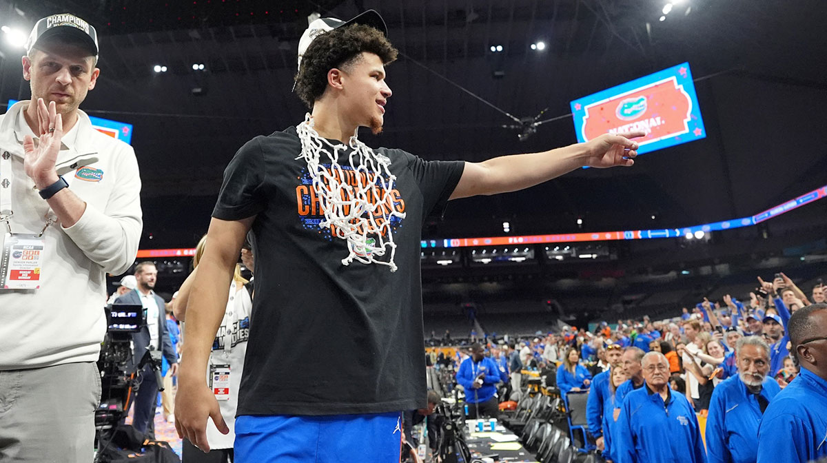Florida Gators guard Walter Clayton Jr. (1) celebrates after winning the national championship game of the Final Four of the 2025 NCAA Tournament at the Alamodome