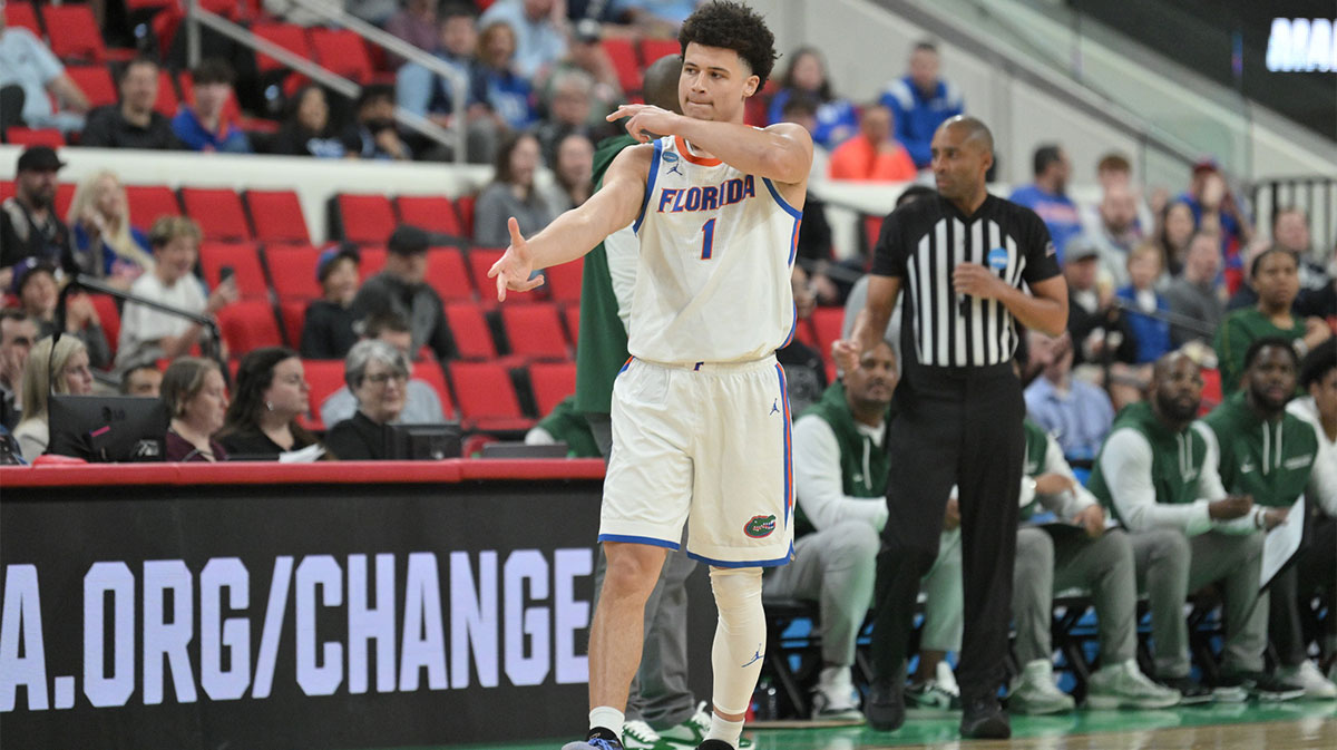 Florida Gators guard Walter Clayton Jr. (1) reacts during the first half against the Florida Gators at Lenovo Center.