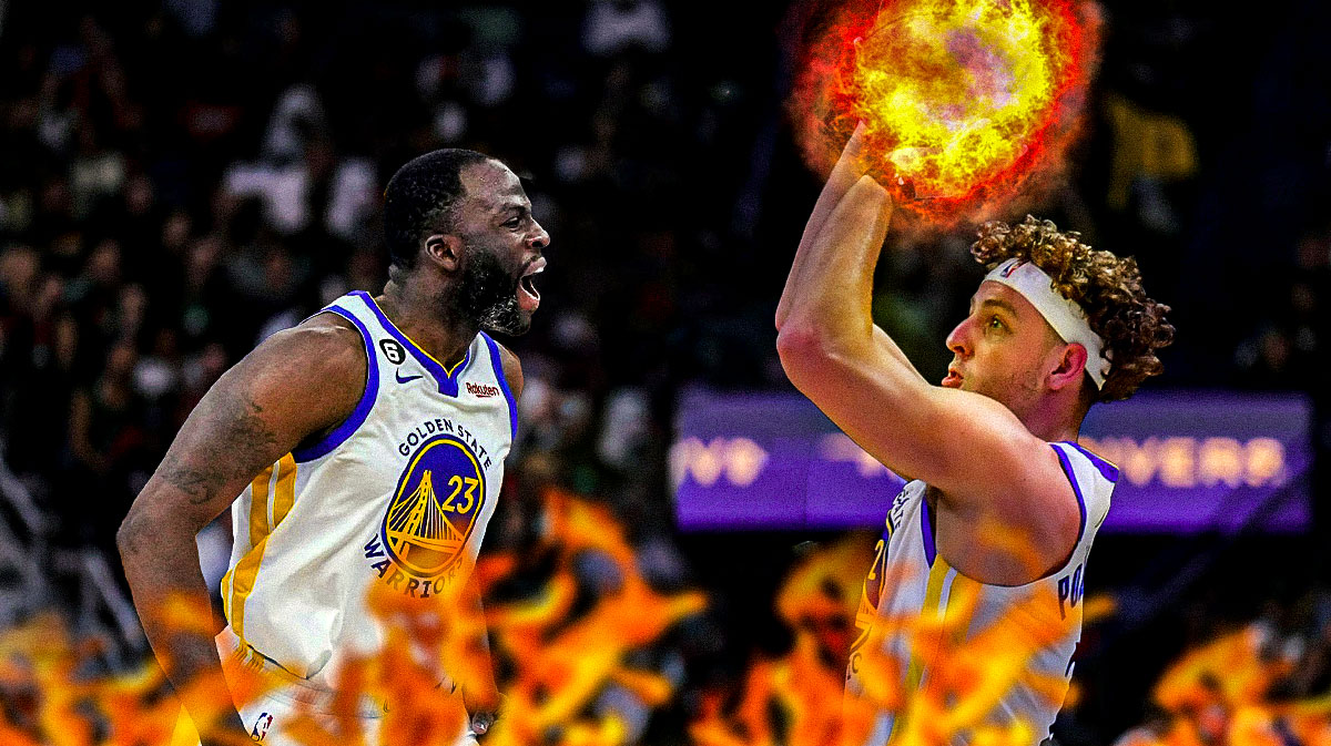 Warriors' Brandin Podziemski shooting the ball with flames over his shooting arm next to a hyped up Draymond Green
