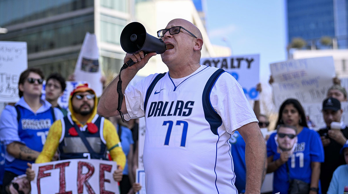 Dallas Mavericks fans gather outside the arena before the game between the Dallas and the Houston Rockets to protest the Nico Harrison trade of former Mavericks point guard Luka Doncic to the Los Angeles Lakers.