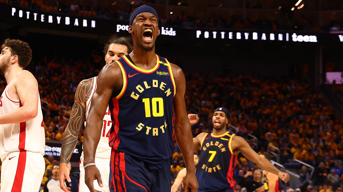The Golden State Warriors striker Jimmy Butler III (10) reacts after a game against Houston's Rockets in the third quarter of the fourth match of the NBA 2025 qualifying series in the first round at the Chase Center.