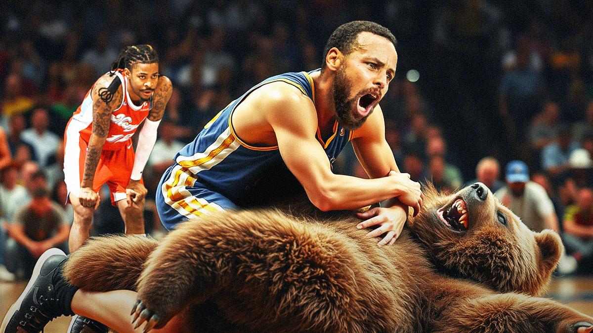 Stephen Curry wrestling a Grizzly Bear while Ja Morant watches