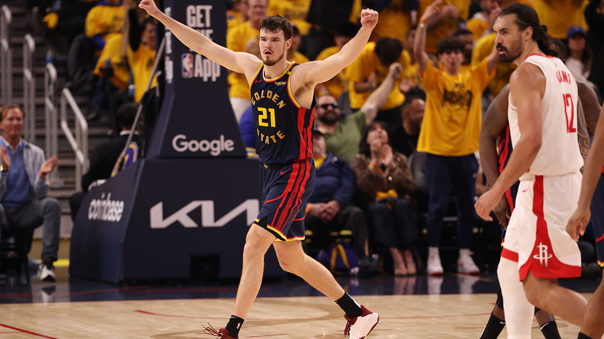 Golden State Warriors center Quinten Post (21) after scoring a basket against the Houston Rockets during the second quarter of game four of the 2025 NBA Playoffs first round at Chase Center.