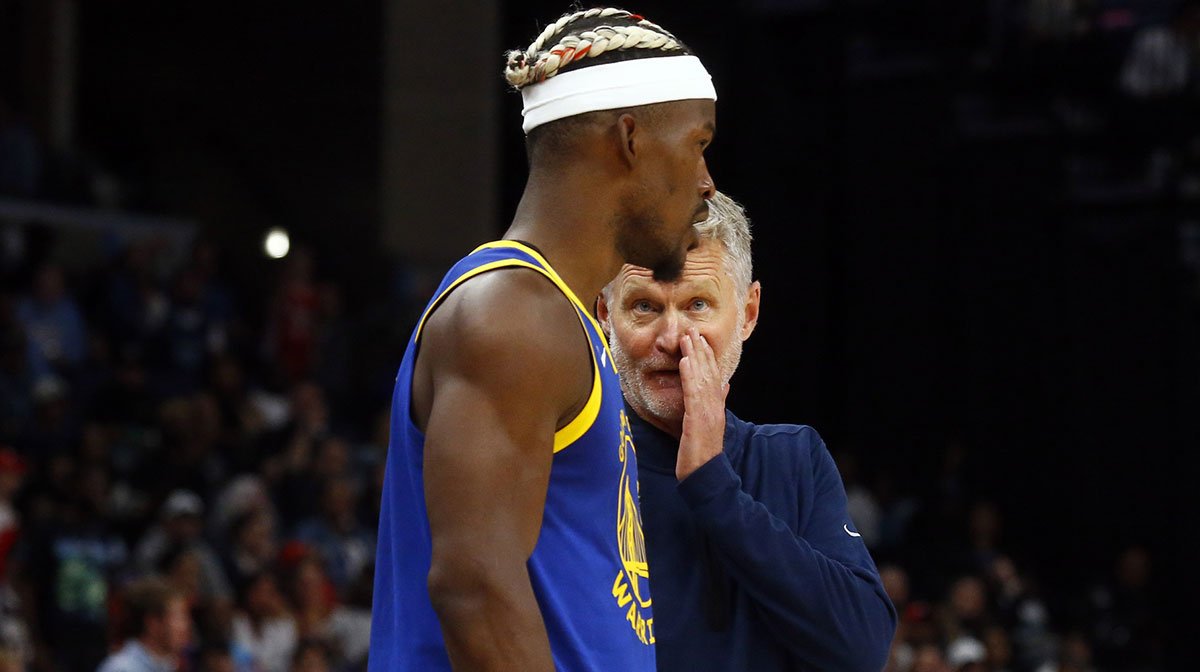 Warriors forward Jimmy Butler next to Warriors head coach Steve Kerr