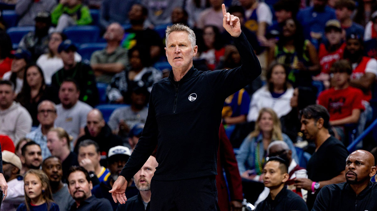 Golden State Warriors head coach Steve Kerr reacts to a play against the New Orleans Pelicans during the first half at Smoothie King Center.