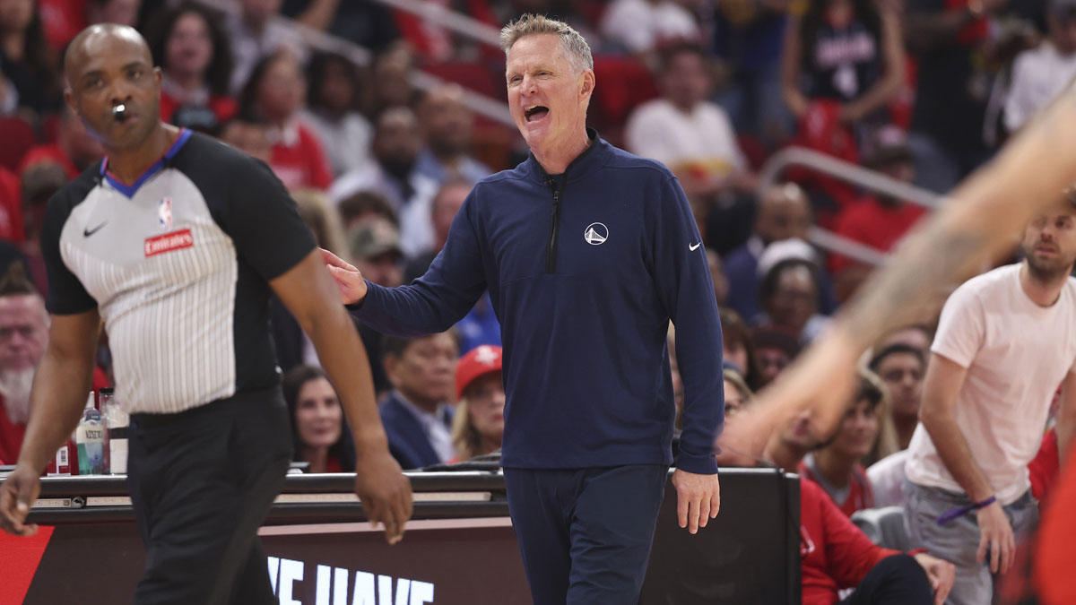 Warriors forward Draymond Green (23) reacts after a call during the fourth quarter during game two of the first round for the 2024 NBA Playoffs against the Houston Rockets at Toyota Center