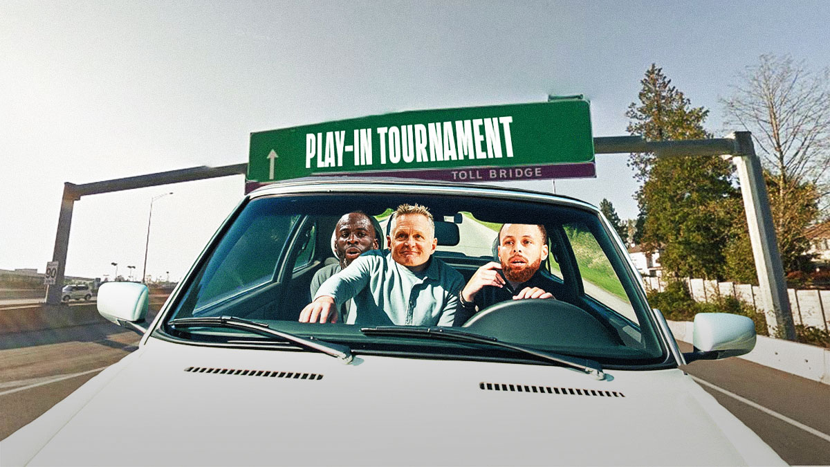 A freeway sign with "Play-In Tournament" on it with Stephen Curry, Steve Kerr, and Draymond Green driving in a car towards it.