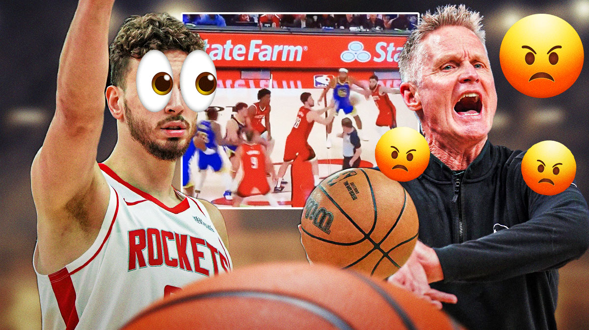 Rockets star Alperen Sengun, angry Warriors coach Steve Kerr, screenshot of Game 2