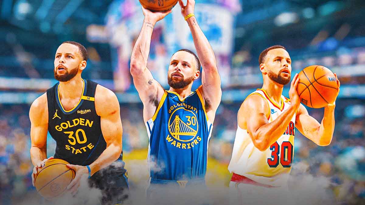 Multiple images of Stephen Curry shooting a basketball net to each other