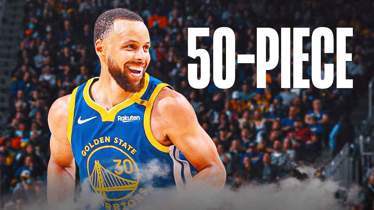 Warriors' Stephen Curry hyped up, with caption: "50-PIECE" below him
