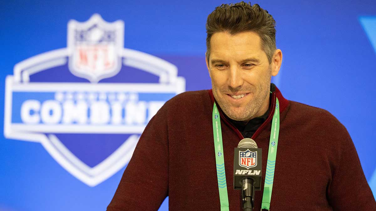 Washington Commanders general manager Adam Peters talks to the media at the 2024 NFL Combine at Indiana Convention Center.