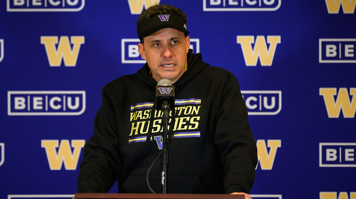 Washington Huskies head coach Jedd Fisch speaks to the media after the game against the UCLA Bruins at Alaska Airlines Field at Husky Stadium.